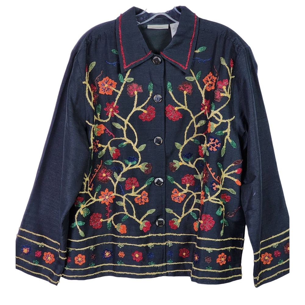 VTG 90s Units Silk-blend Black Floral Crewel Embroidered Jacket sz L Cottage